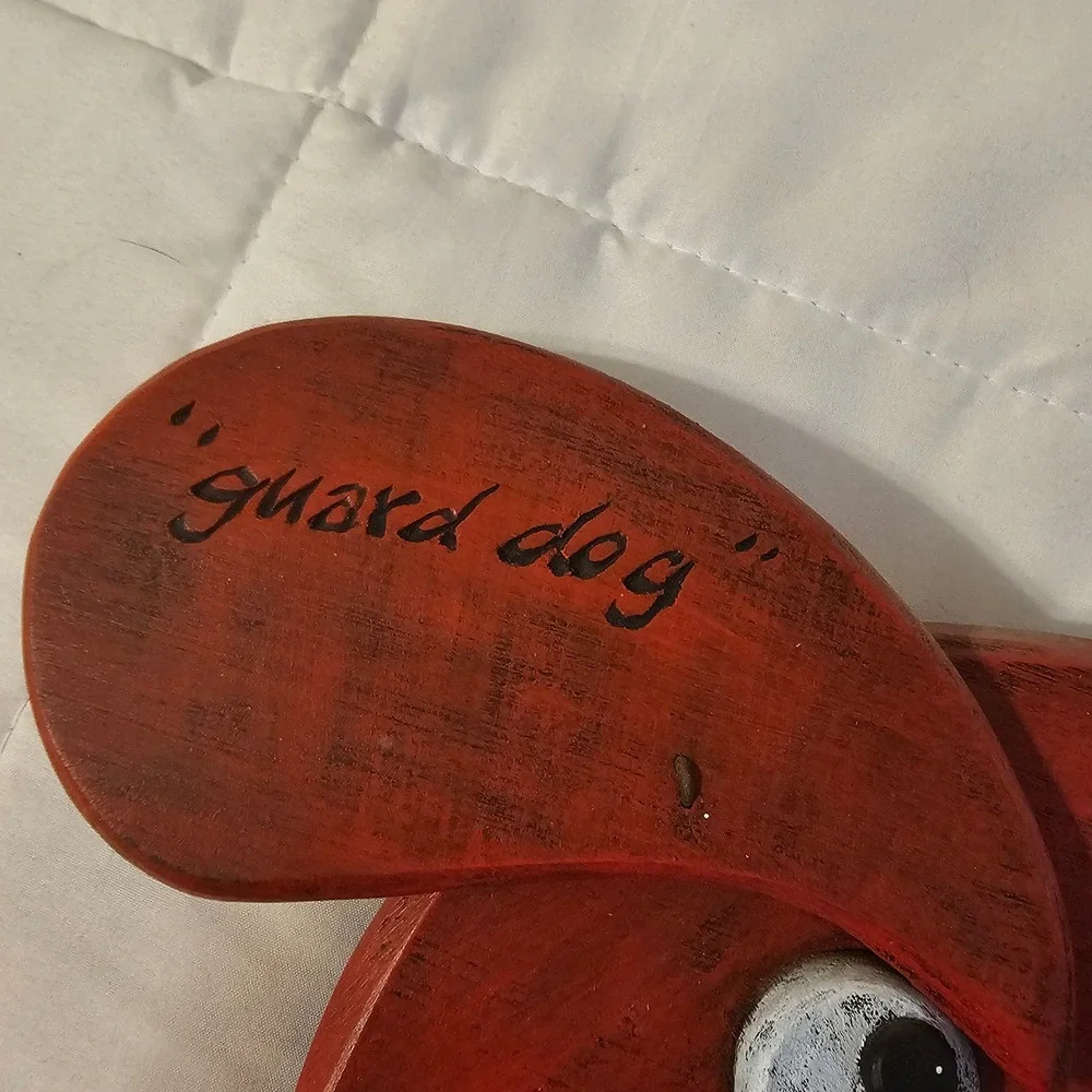 Rare Folk art‎ wooden Guard Dog Wall Decor Red Whimsical Rustic Mouth Open Teeth